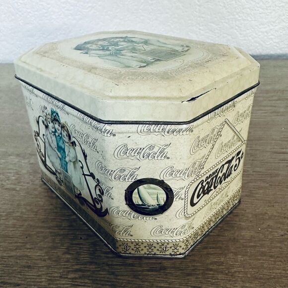 Coca Cola Vintage Lidded Octagon Tin Storage Container - Picture 2 of 6